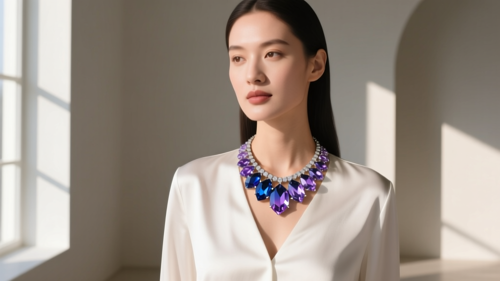 Woman wearing a gradient ombre crystal statement necklace over a white blouse, illuminated by soft, diffused natural window light.