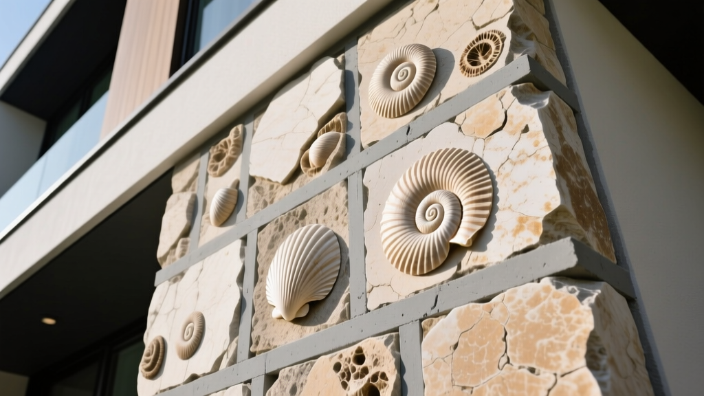 Close-up of fossiliferous limestone veneer panels with shell fragments on an exterior residential facade with grey mortar joints