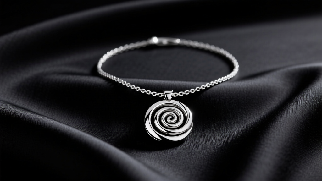 Flat lay of a Bvlgari B.zero1 sterling silver pendant necklace on black silk, illuminated by soft directional studio lighting