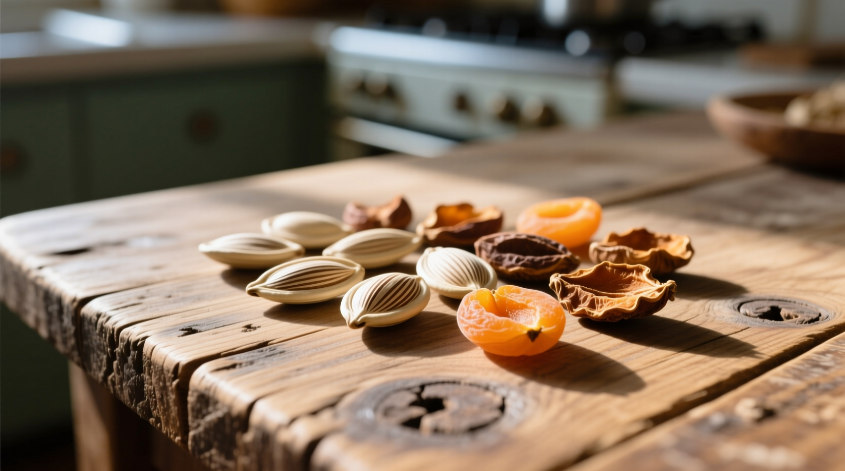 Close-up of apricot seeds on wooden table