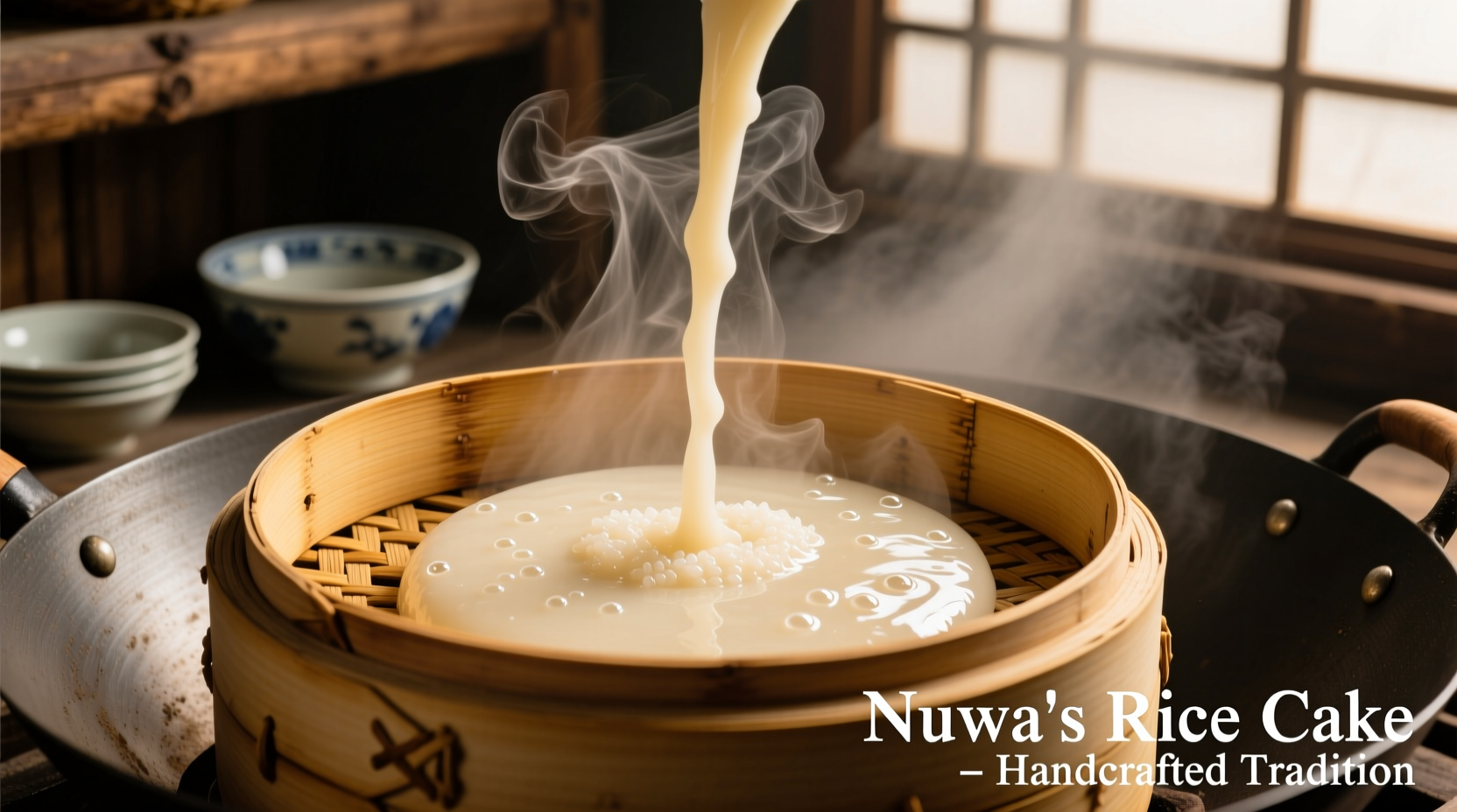 Steaming rice cake batter in traditional bamboo steamer
