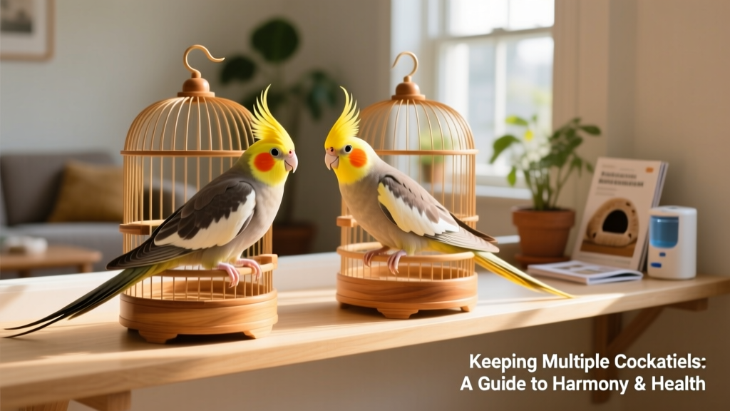 Two separate cockatiel cages placed side by side on a quiet, sunlit perch shelf