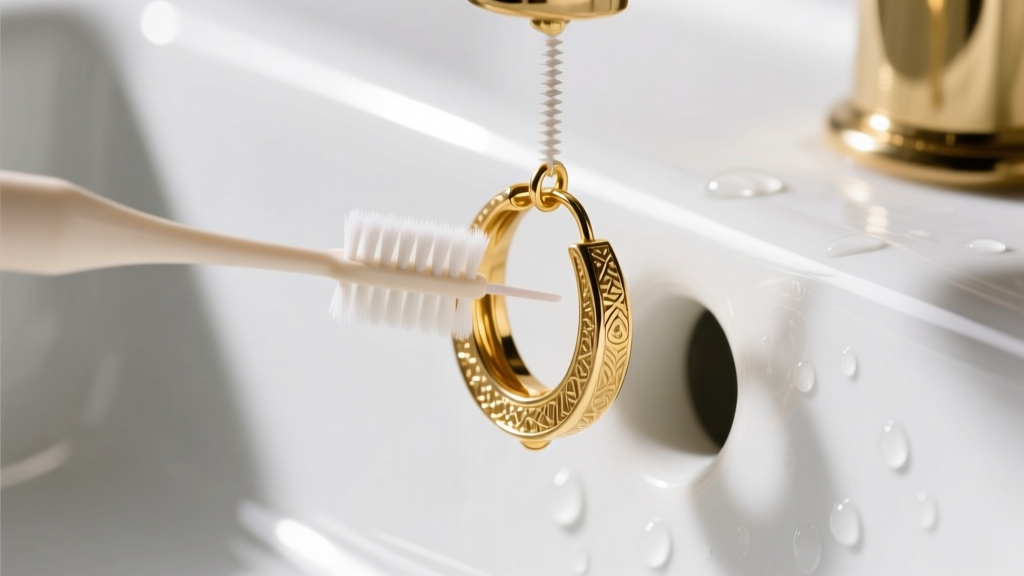 Close-up of a soft interdental brush cleaning the post and back of a small 6mm gold earring over a white ceramic sink basin