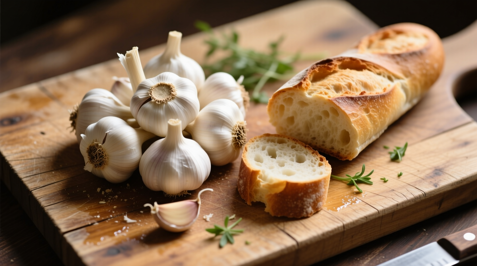 Fresh garlic cloves and baguette on wooden cutting board