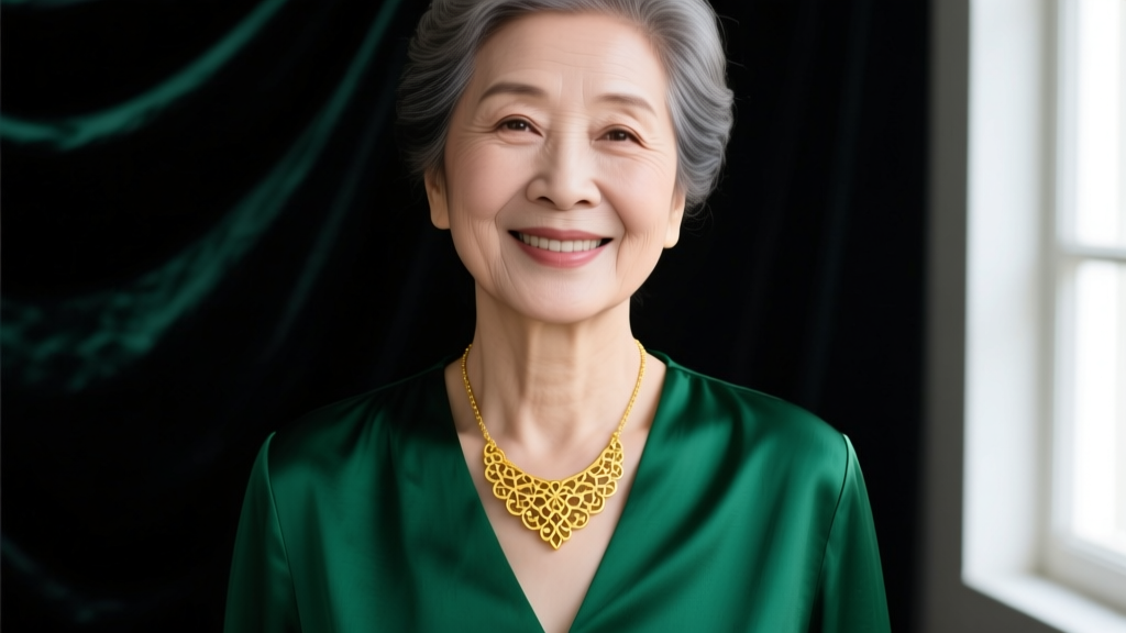 Elegant older woman smiling softly while wearing an 18k yellow gold pendant necklace against a dark emerald green silk blouse.