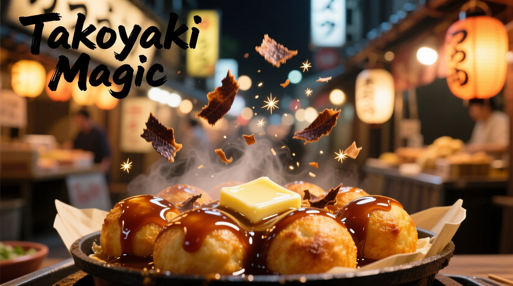 Freshly made takoyaki with dancing bonito flakes