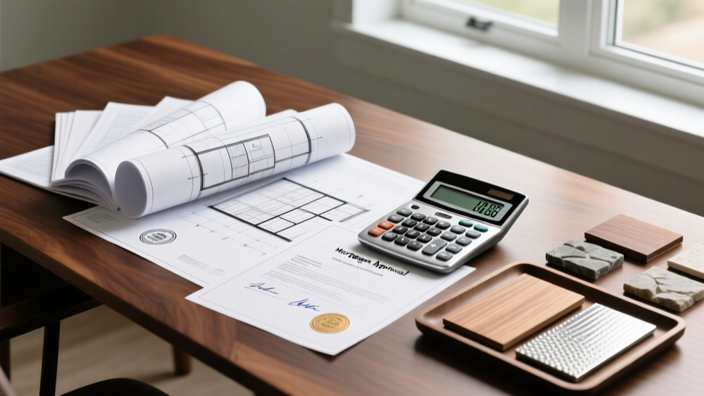 Architectural blueprints spread on a wooden desk next to a financial calculator, mortgage approval documents, and material samples for a custom home build