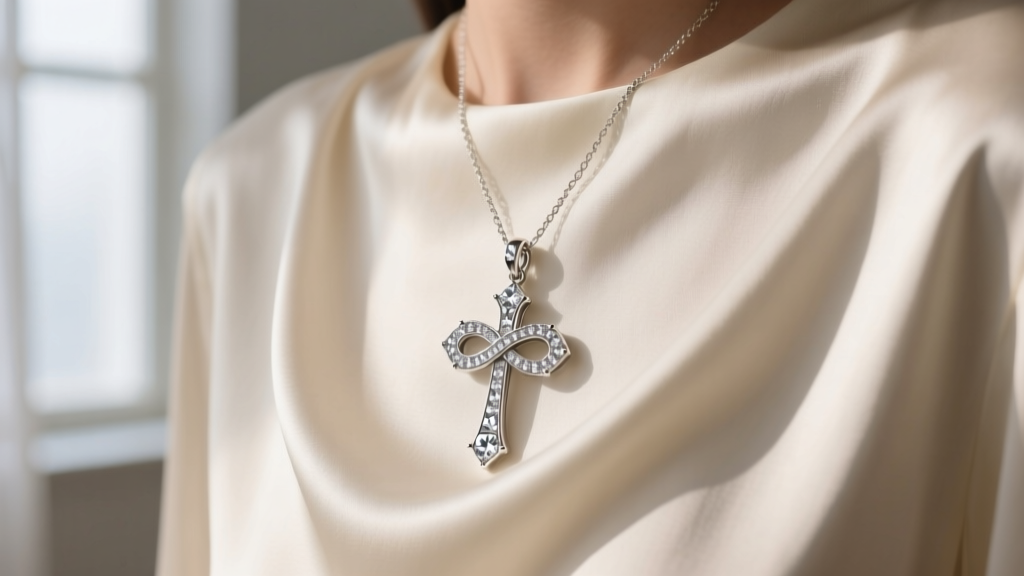 Sterling silver infinity cross pendant with pave cubic zirconia, worn over a cream silk blouse in soft natural window light