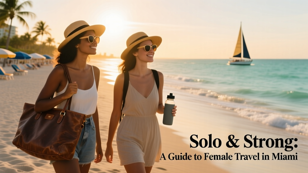 Two solo female travelers walking along Miami Beach in sunglasses and sun hats