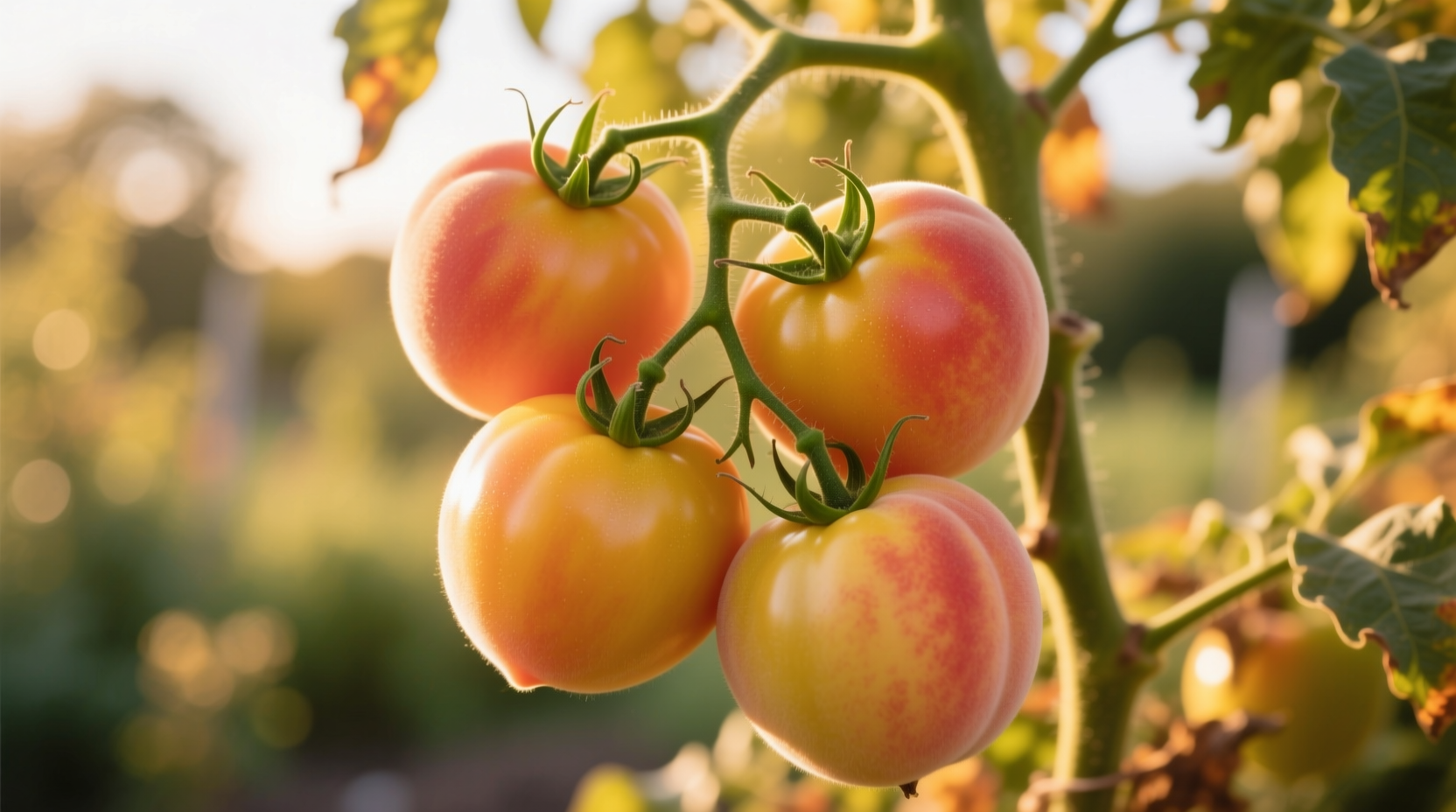 Ripe peach tomatoes on vine with golden skin
