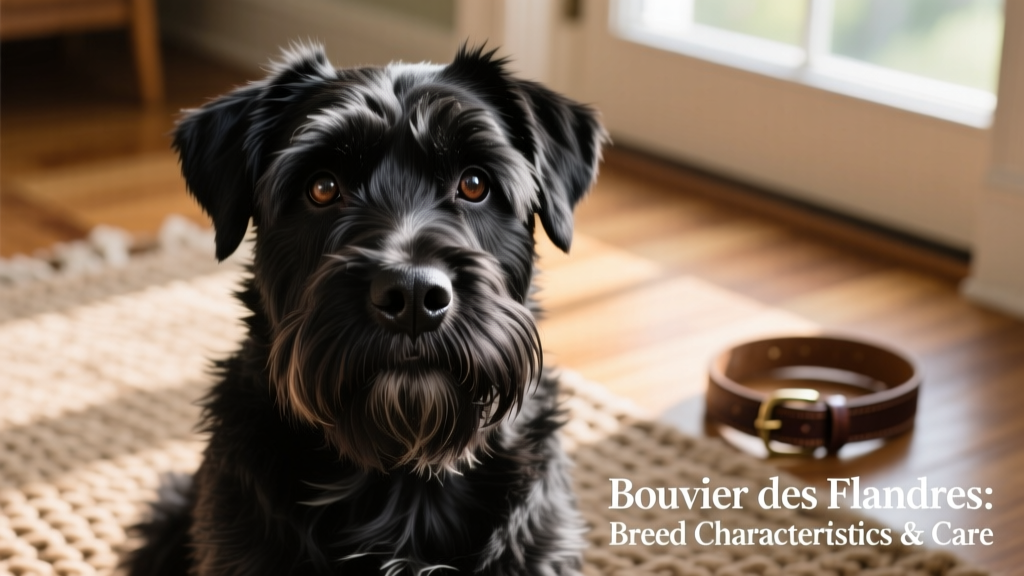 Close-up portrait of a well-groomed Bouvier des Flandres, highlighting its expressive eyes, full beard, and textured coat