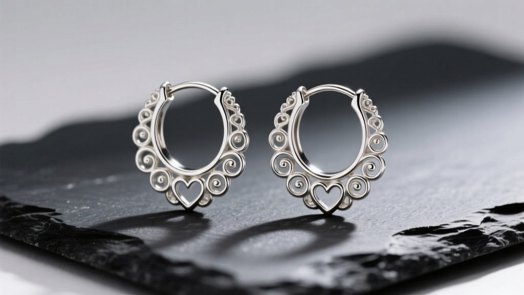 Close-up of ornate sterling silver Brighton hoop earrings with intricate heart scrollwork on dark slate under soft studio lighting.