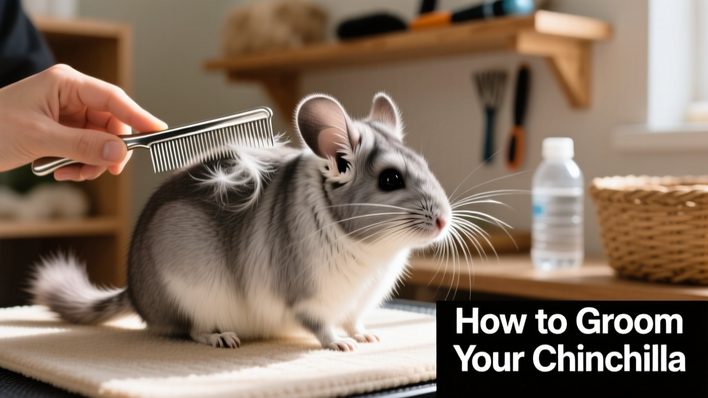 Close-up of a groomer using a fine metal comb on a chinchilla's back, showing visible loose fur