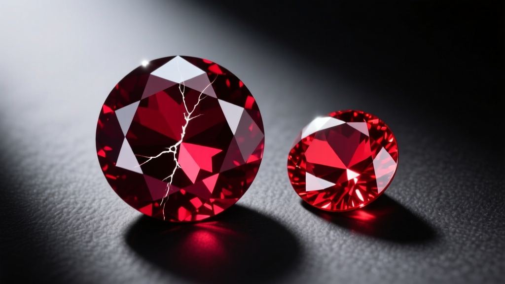 Top-down view of deep-cut almandine garnet showing central extinction next to a shallow-cut red spinel displaying full brilliance.