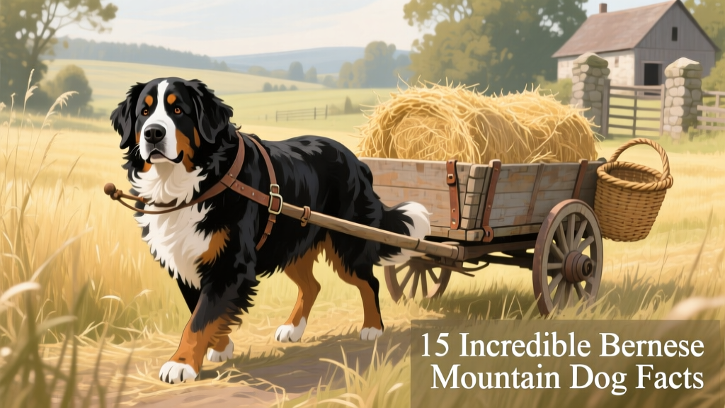 Historical illustration showing a Bernese Mountain Dog pulling a small cart loaded with hay