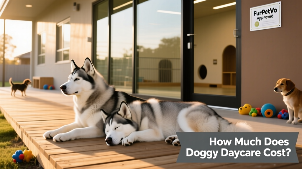 Two huskies resting side-by-side on a sunlit wooden walkway at a FurPetVo-approved doggy daycare facility