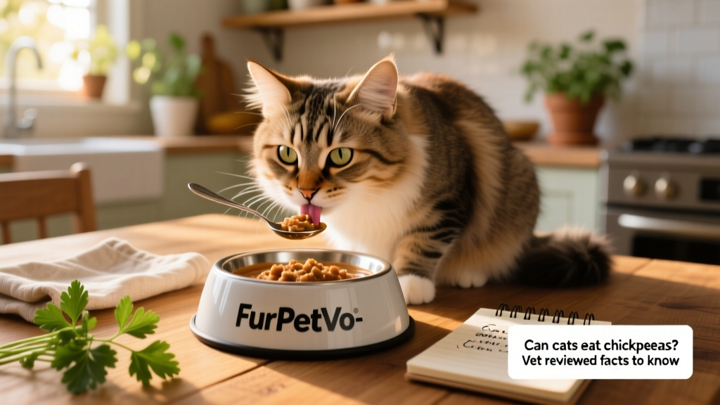Cat happily eating from a FurPetVo branded food bowl filled with high-protein wet food