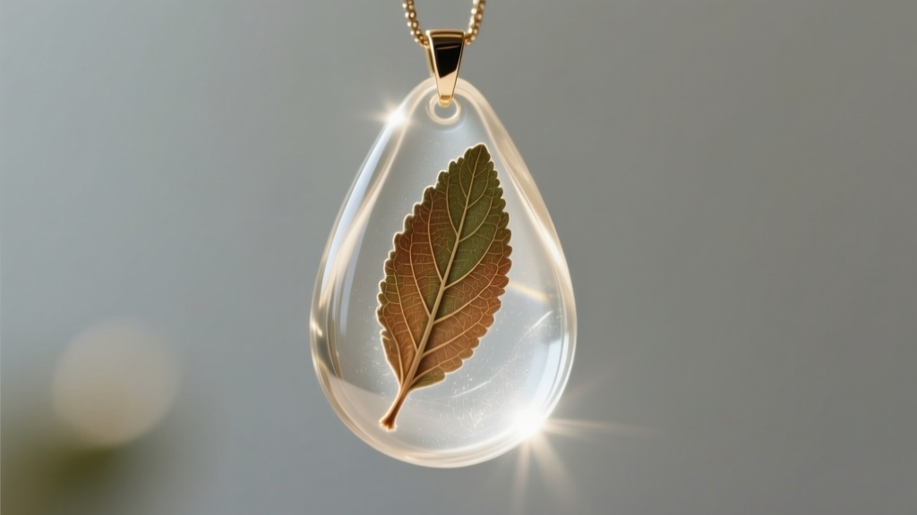 Close-up of a clear epoxy resin teardrop pendant enclosing a single dried sage leaf, illuminated by soft directional sunlight.