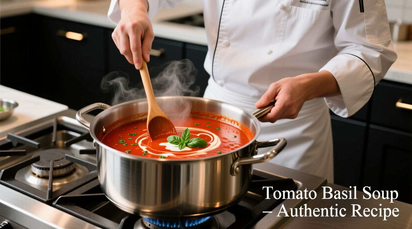 Chef stirring tomato soup in stainless steel pot