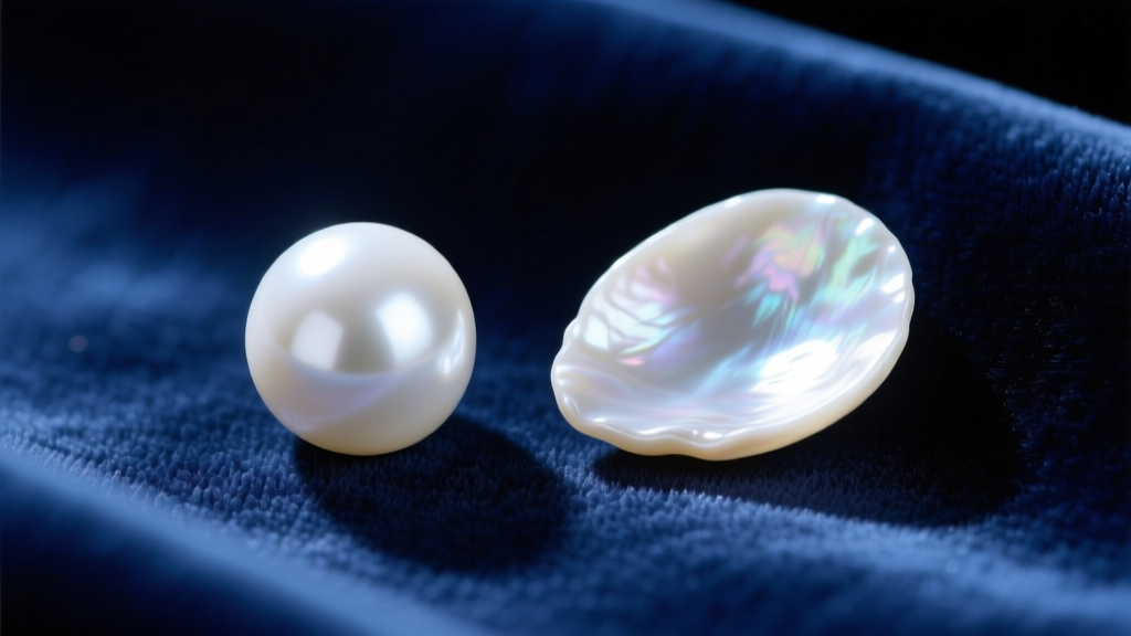 Close-up of a 14mm round white South Sea pearl beside an 18mm baroque freshwater teardrop pearl resting on dark blue velvet fabric