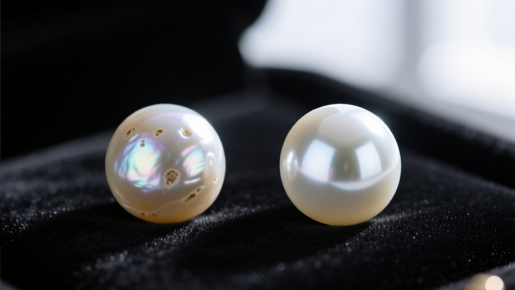 Macro photo comparing a blemished 7mm freshwater pearl on the left to a flawless mirror-luster 7mm Akoya pearl on the right, resting on black velvet