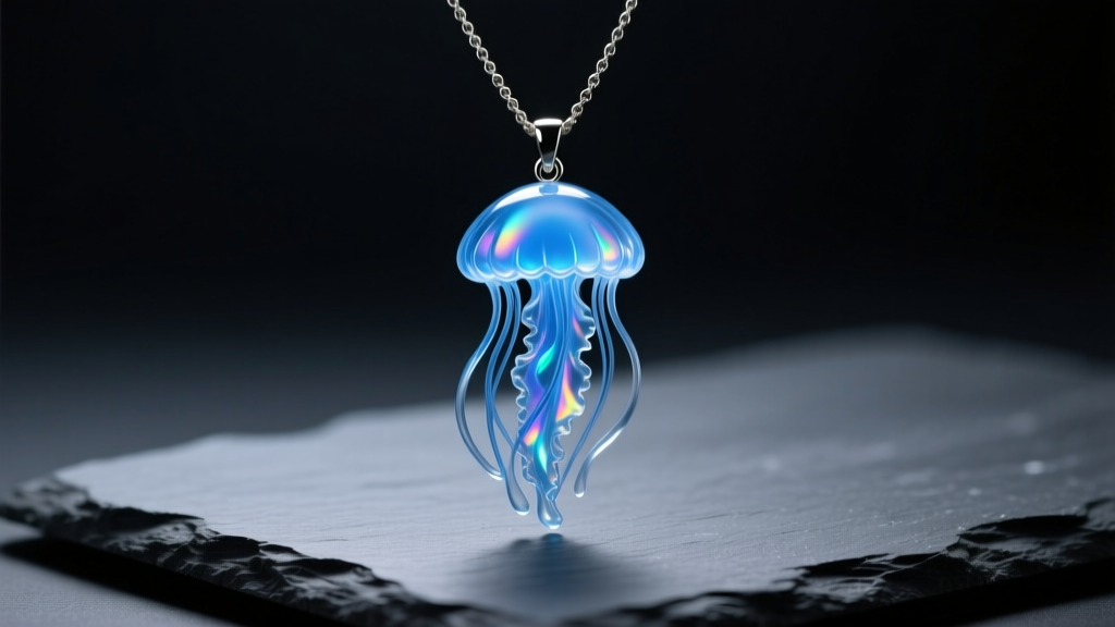 Close-up of a resin necklace jellyfish pendant with translucent blue tentacles resting on dark slate under soft studio lighting.