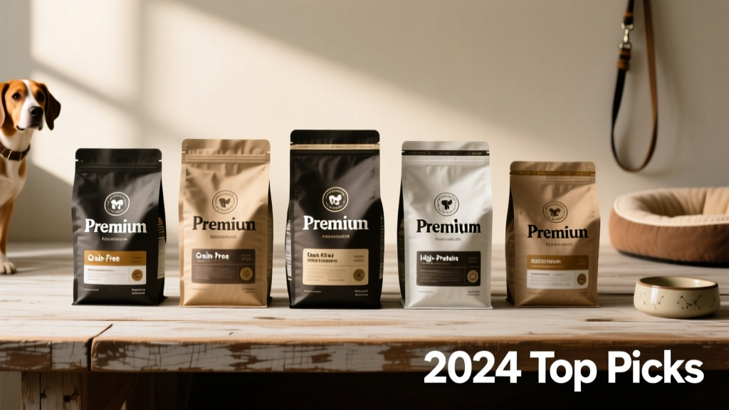 Side-by-side comparison of five high-quality dry dog food bags labeled for medium breeds, arranged neatly on a wooden surface