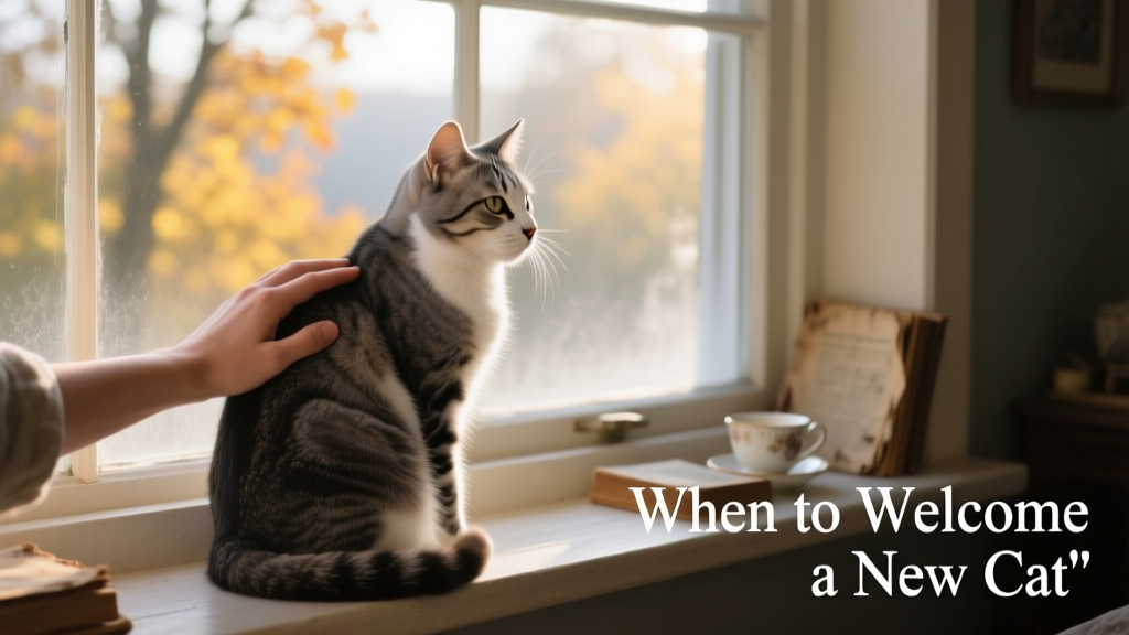 A gentle hand stroking a calm, seated cat looking out a window