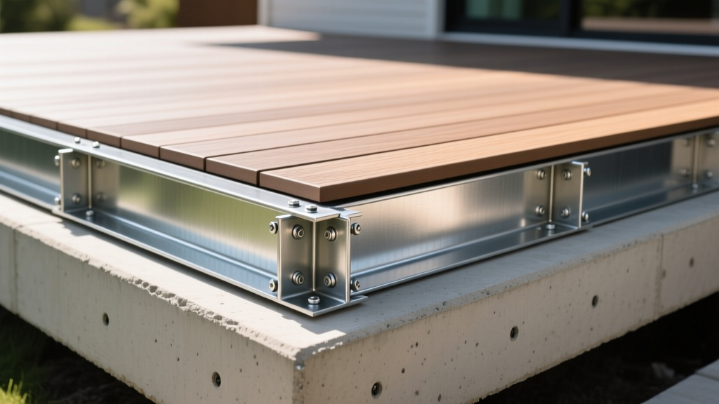 Galvanized steel deck framing joists and ledger boards bolted to a concrete foundation beneath composite decking in bright sunlight.