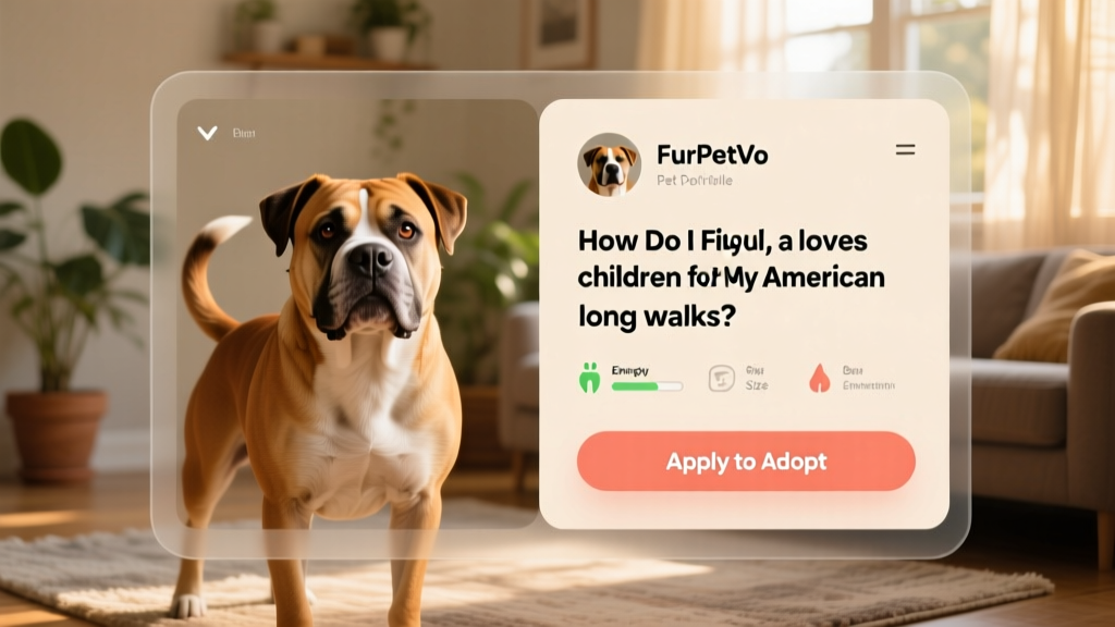 Screenshot-style graphic showing a clean, friendly FurPetVo pet profile page with photos, bio, and 'Apply to Adopt' button