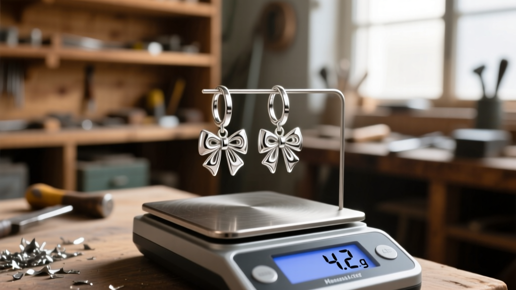 Digital jeweler scale weighing sterling silver bow hoop earrings, showing 4.2 grams against a softly blurred workshop background.