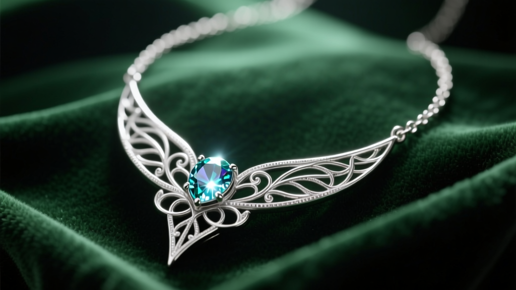 Close-up of sterling silver Evenstar elf necklace on dark green velvet, highlighting intricate filigree and bright center stone.