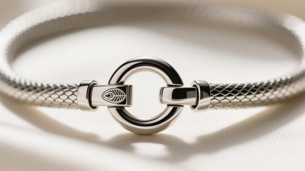Macro shot of a box clasp on a silver cobra necklace showing the mechanical hinge and secondary figure-eight safety catch clearly