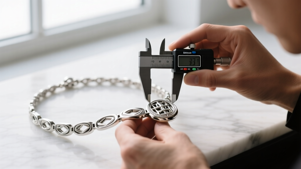 Jeweler measuring thick rhodium plating on a sterling silver movie replica necklace with a micrometer, focusing on the clasp area.