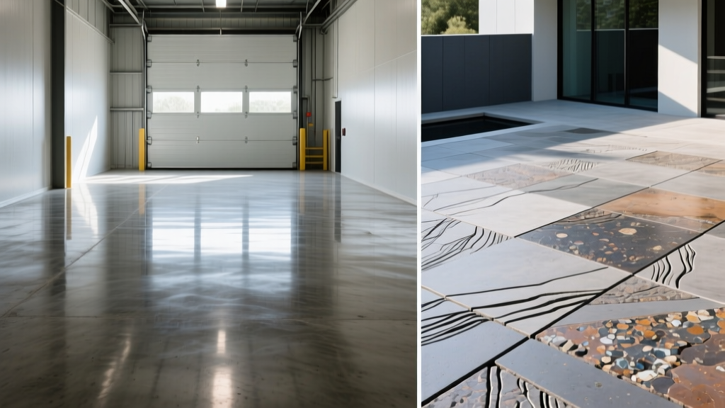 Side-by-side comparison of a smooth steel-troweled concrete warehouse floor and a textured magnesium-floated exterior patio slab