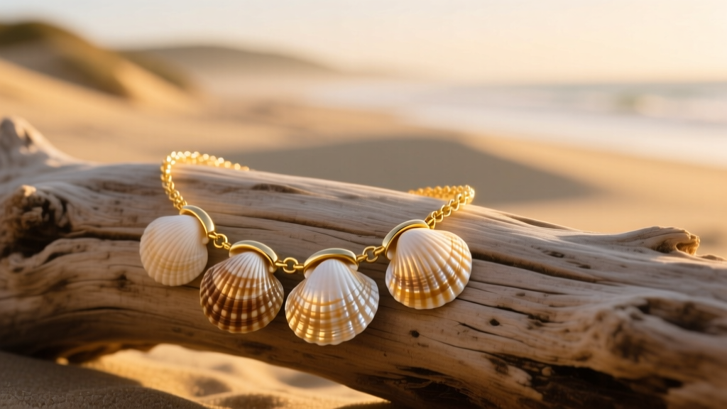 Natural cowrie shell necklace with gold-filled clasp resting on sun-bleached driftwood under warm golden hour lighting.