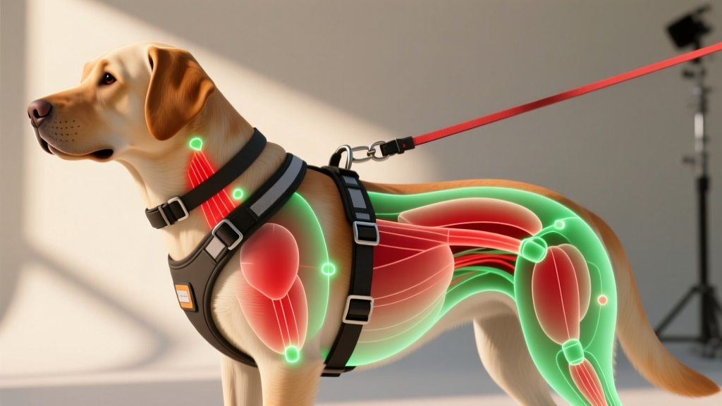 Diagram showing the biomechanical difference in pulling force distribution between a traditional back-clip harness and a front-clip no-pull harness.