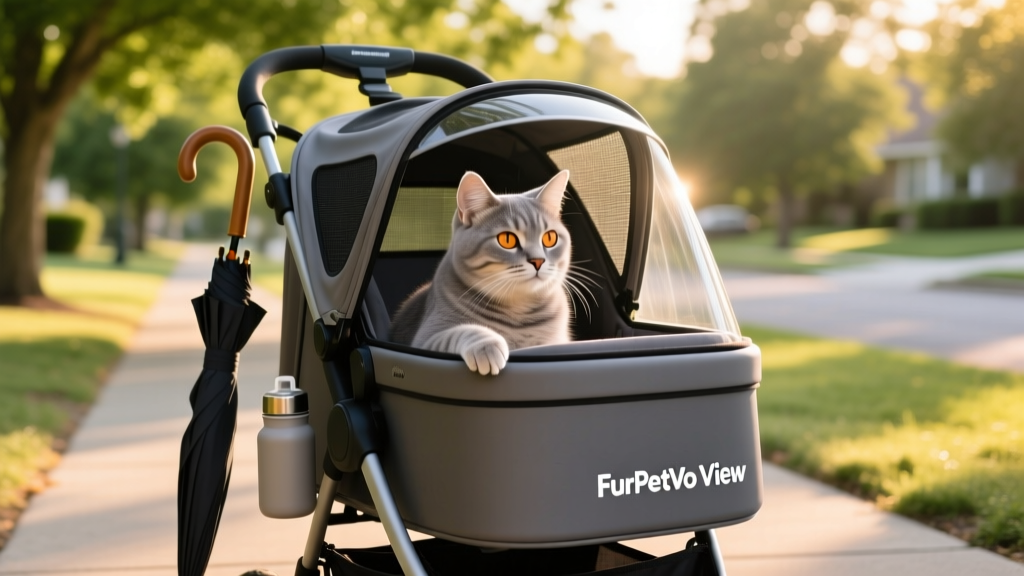 FurPetVo View Travel Stroller in use outdoors, with a relaxed cat visible through the mesh window