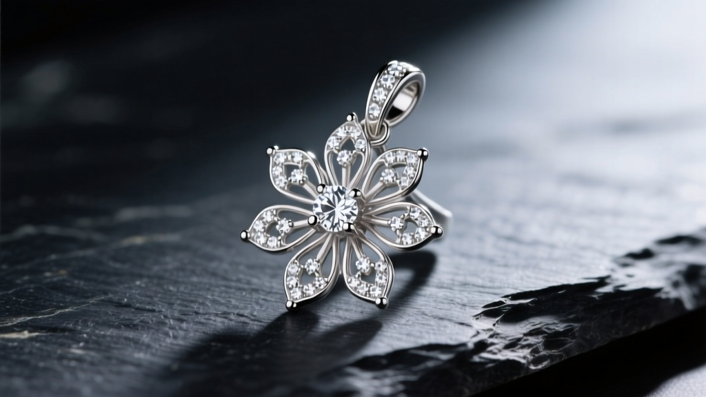 Macro shot of rhodium-plated sterling silver edelweiss pendant with pavé white sapphires, resting on a dark slate stone surface.