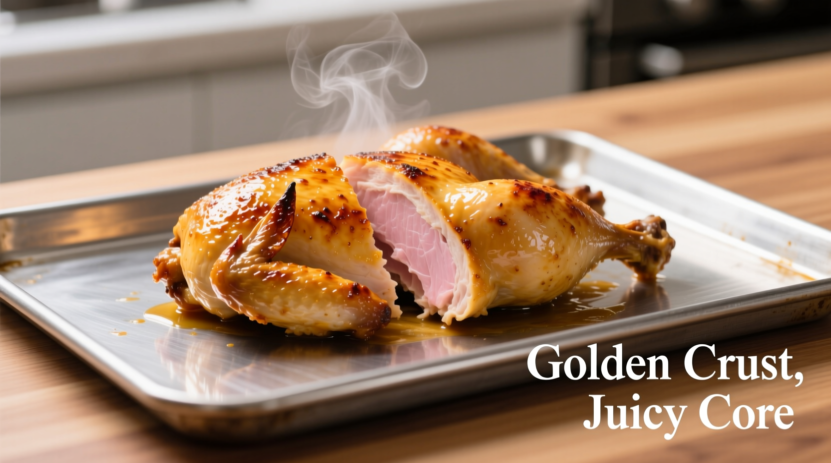 Perfectly cooked golden chicken breast on baking sheet