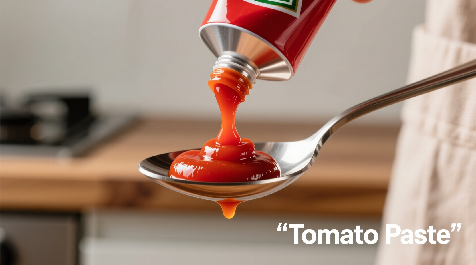 Tomato paste tube squeezed onto spoon