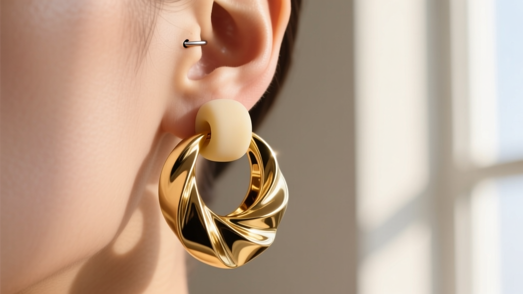 Macro shot of a heavy custom gold earring secured by a wide silicone backing, showing weight distribution on a pierced earlobe