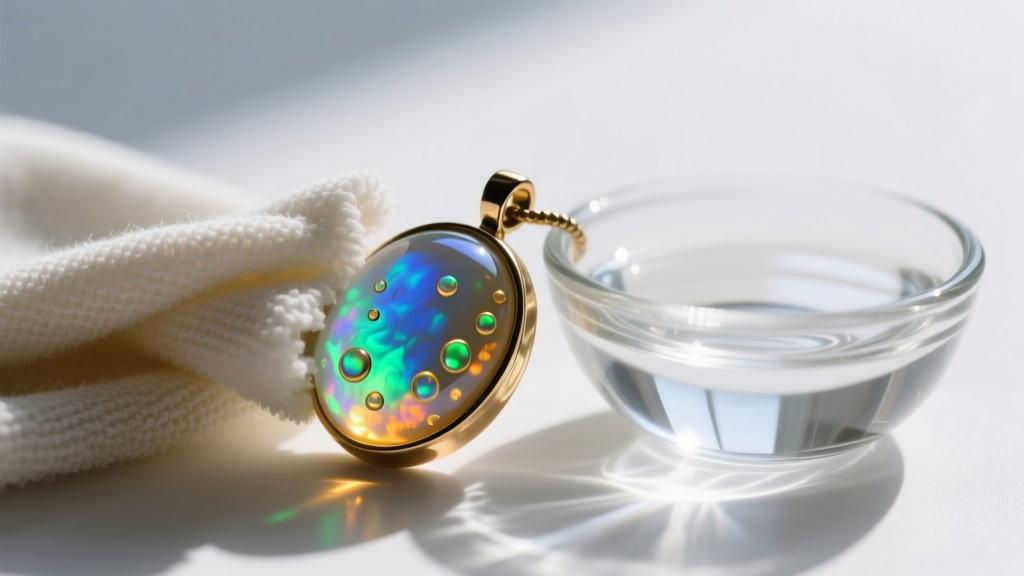 Microfiber cloth wiping the glass capsule of a vintage liquid floating opal pendant next to a small bowl of distilled water.