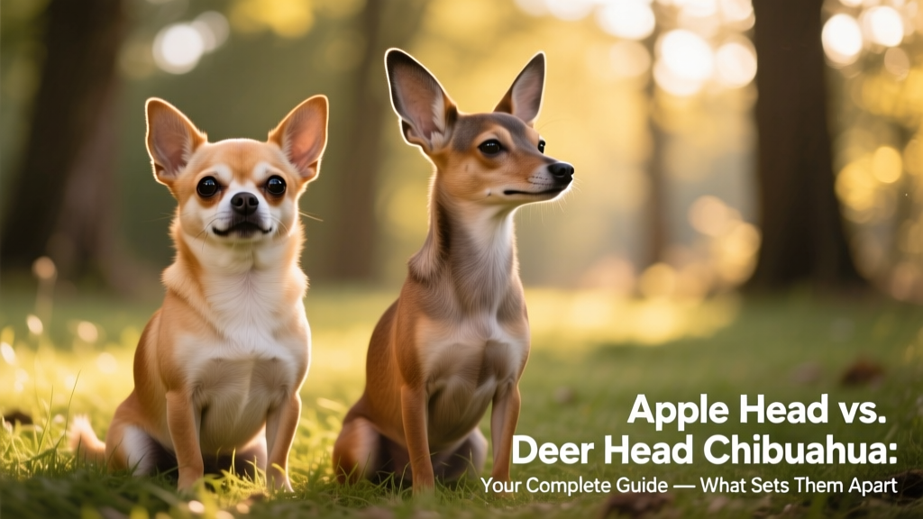 A friendly, alert apple head Chihuahua sitting beside a relaxed deer head Chihuahua, highlighting differences in head shape, ear placement, and body proportions