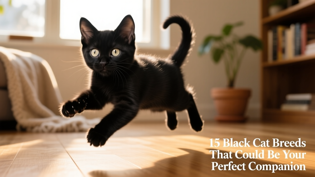 A black American Curl kitten mid-pounce, ears curled forward, eyes wide with playful focus