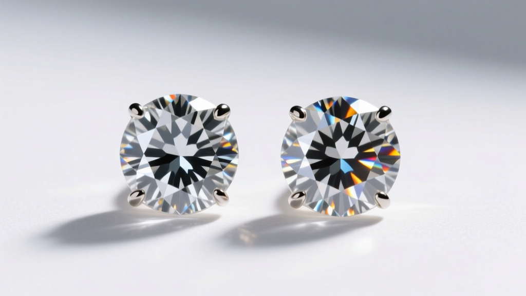 Macro shot of a natural diamond and a lab-grown diamond earring side by side, highlighting identical faceting and light reflection