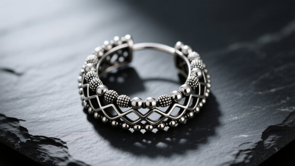 Macro shot of a 925 silver Bali hoop earring on dark slate, highlighting intricate granulation beads and oxidized filigree