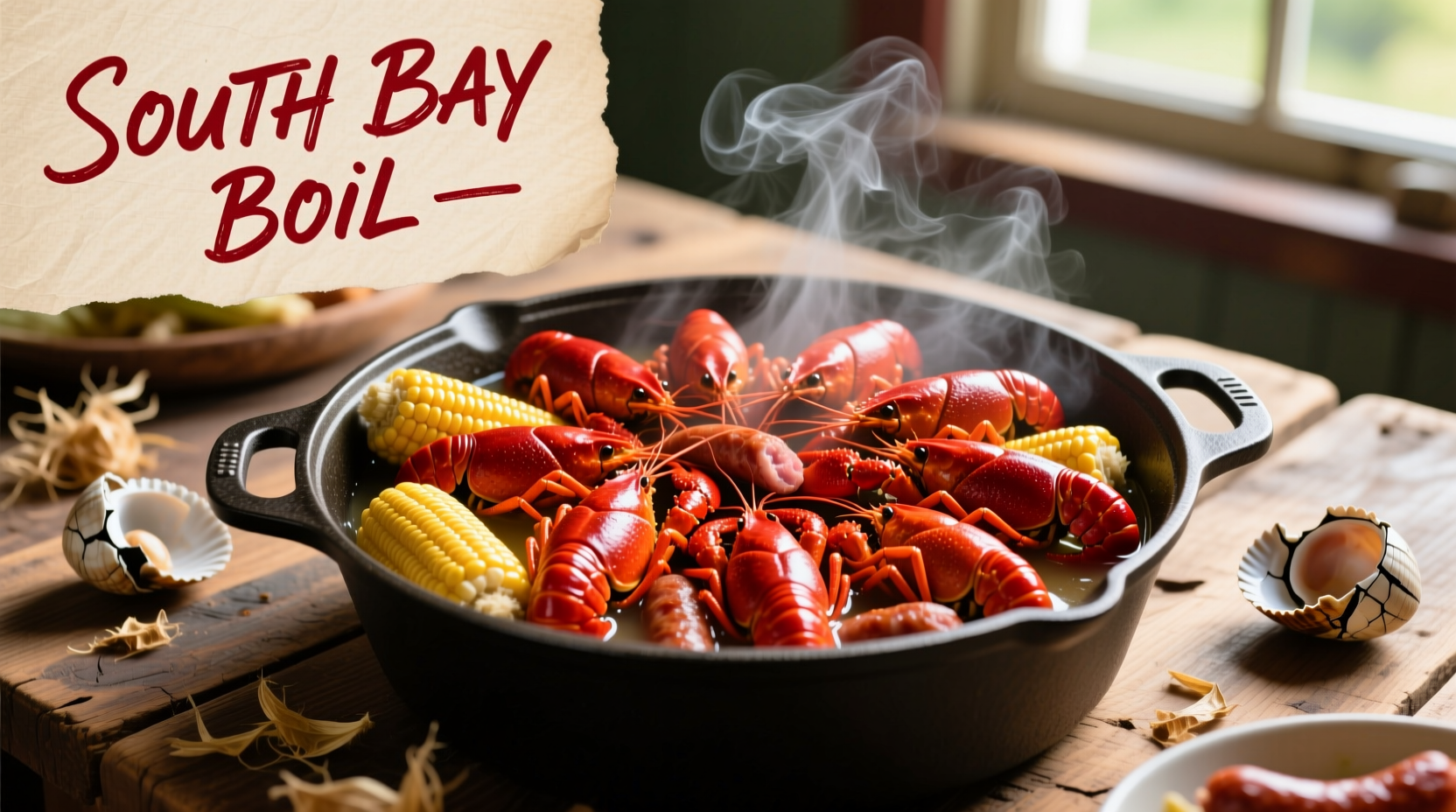 Freshly boiled crawdads with corn and sausage
