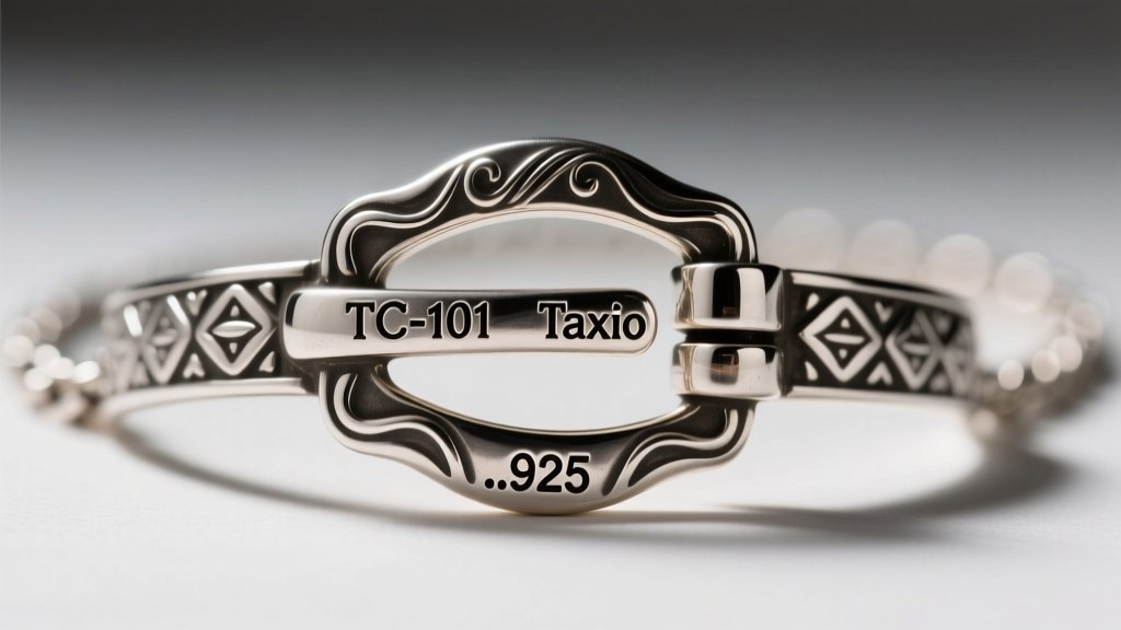Macro shot of a Mexican necklace clasp showing the stamped TC-101 Taxco mark and .925 hallmark under bright studio lighting