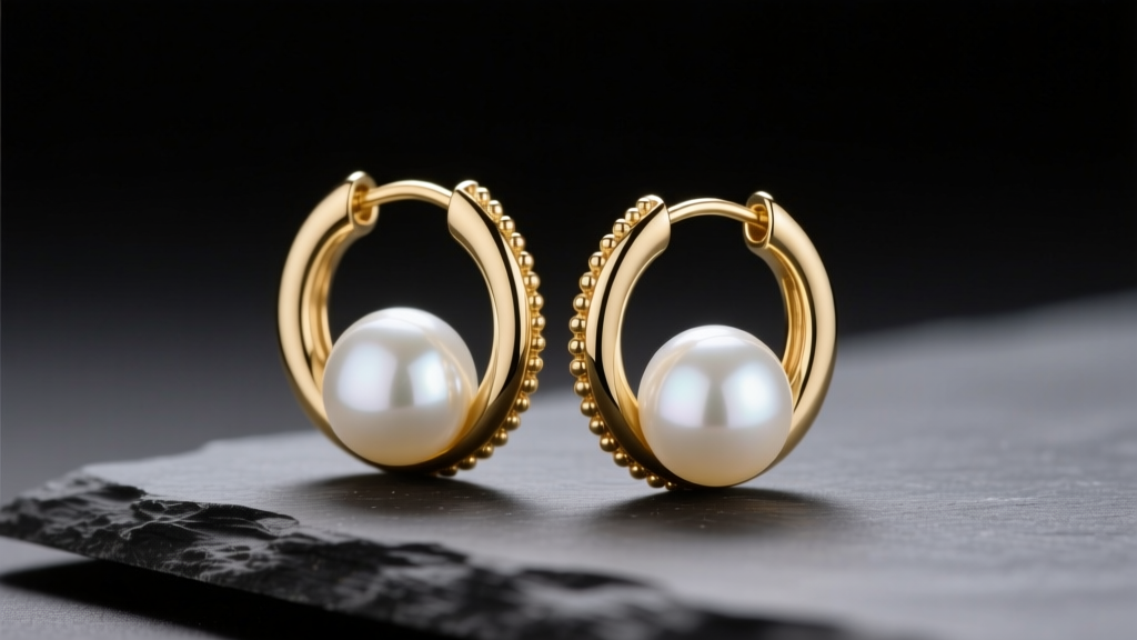 14k solid gold huggie hoop earrings with lustrous white freshwater pearls resting on dark slate under soft studio lighting